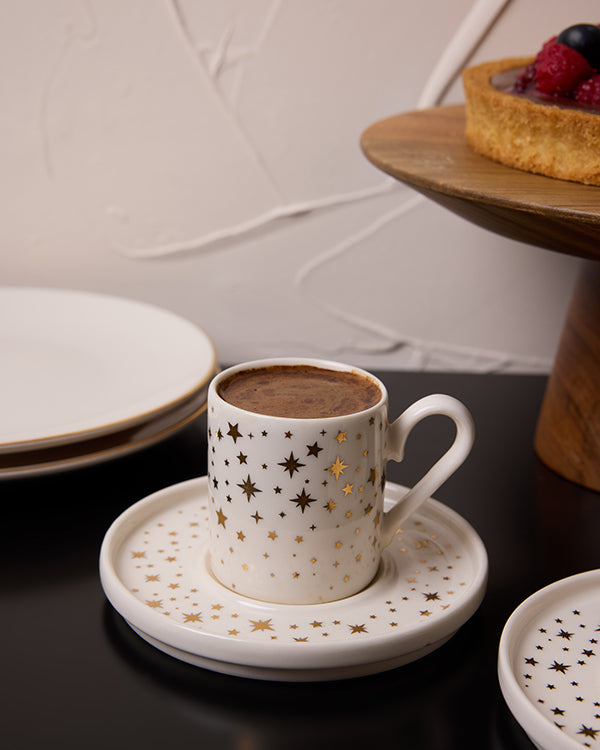 Starfall Gerçek Altın Yaldızlı Yıldız Desenli 4 Parça 2 Kişilik Porselen Kahve Fincan Takımı 100 ml