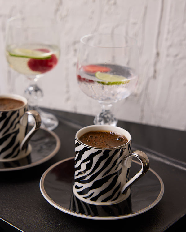 Zebras Desenli 4 Parça 2 Kişilik Porselen Kahve Fincan Takımı 90 ml - Siyah Beyaz
