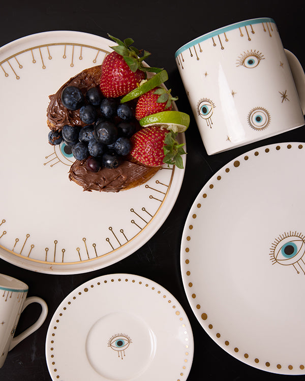 Evil Eye Gerçek Altın Yaldızlı Nazar Gözlü 4' lü Porselen Pasta Tabağı 21 cm