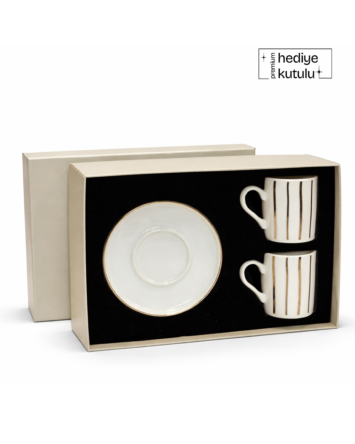 Artline Gold Gerçek Altın Yaldızlı Çizgili 4 Parça 2 Kişilik Porselen Kahve Fincan Takımı 100 ml