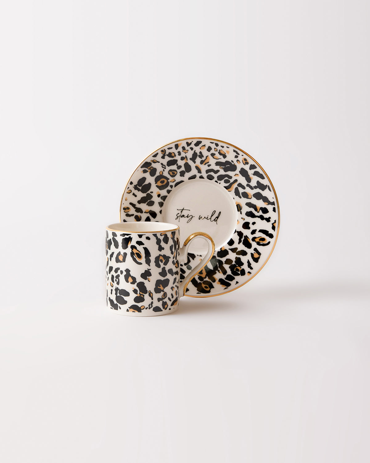 Leopard Luxe Gerçek Altın Yaldızlı Leopar Desenli 4 Parça 2 Kişilik Porselen Kahve Fincan Takımı 90 ml