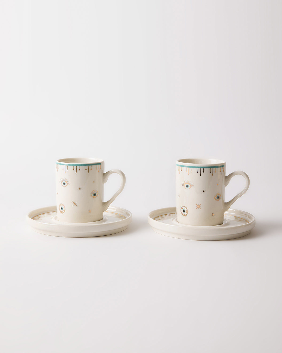 Evil Eye Gerçek Altın Yaldızlı Nazar Gözlü 4 Parça 2 Kişilik Porselen Kahve Fincan Takımı 100 ml