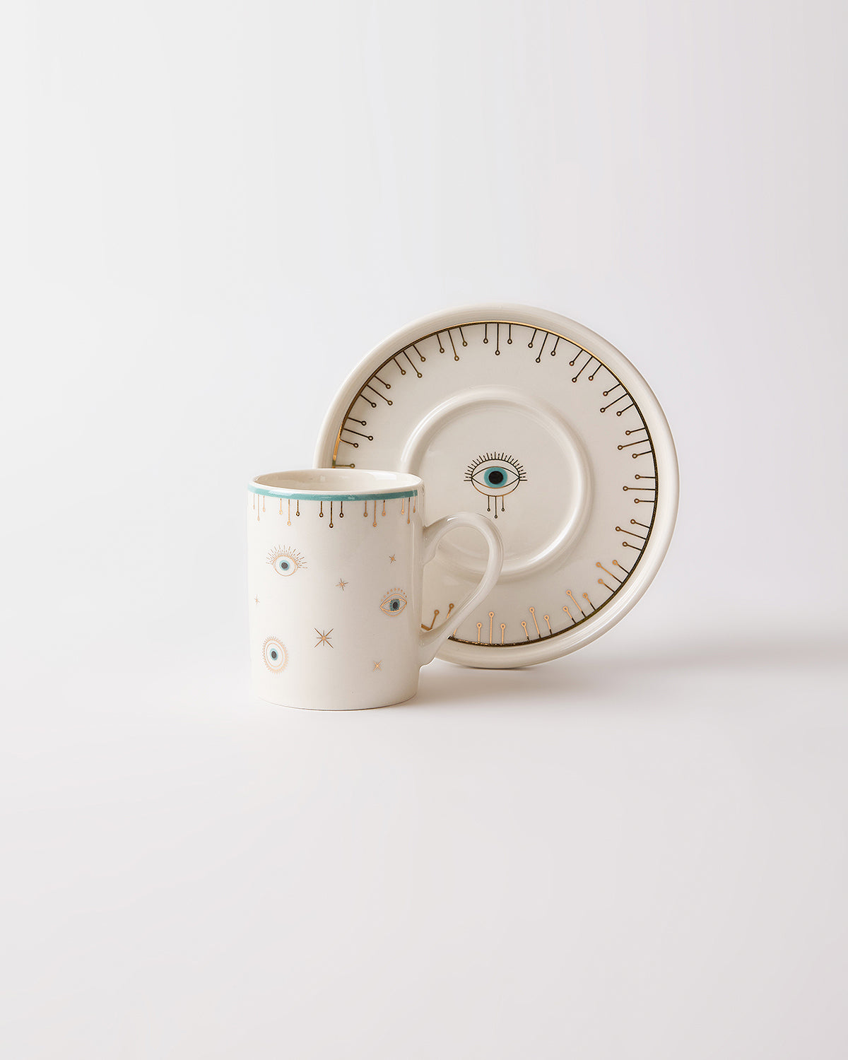 Evil Eye Gerçek Altın Yaldızlı Nazar Gözlü 4 Parça 2 Kişilik Porselen Kahve Fincan Takımı 100 ml