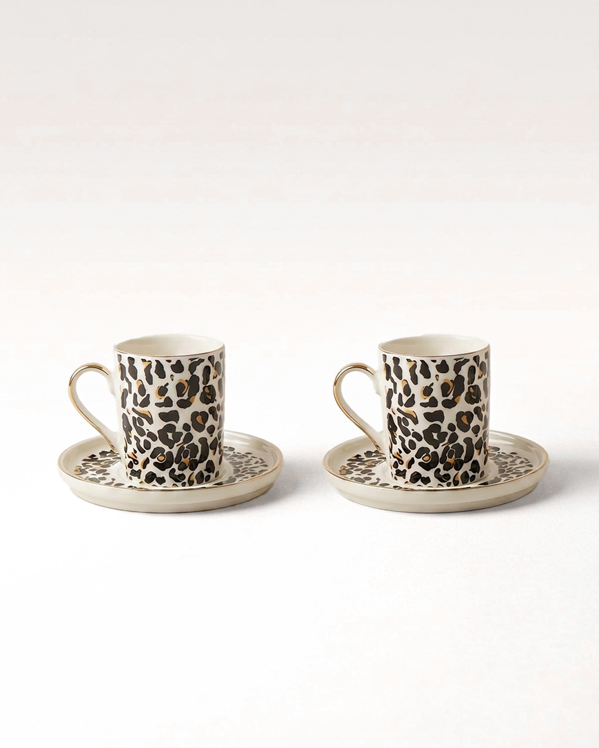 Leopard Luxe Gerçek Altın Yaldızlı Leopar Desenli 4 Parça 2 Kişilik Porselen Kahve Fincan Takımı 100 Ml