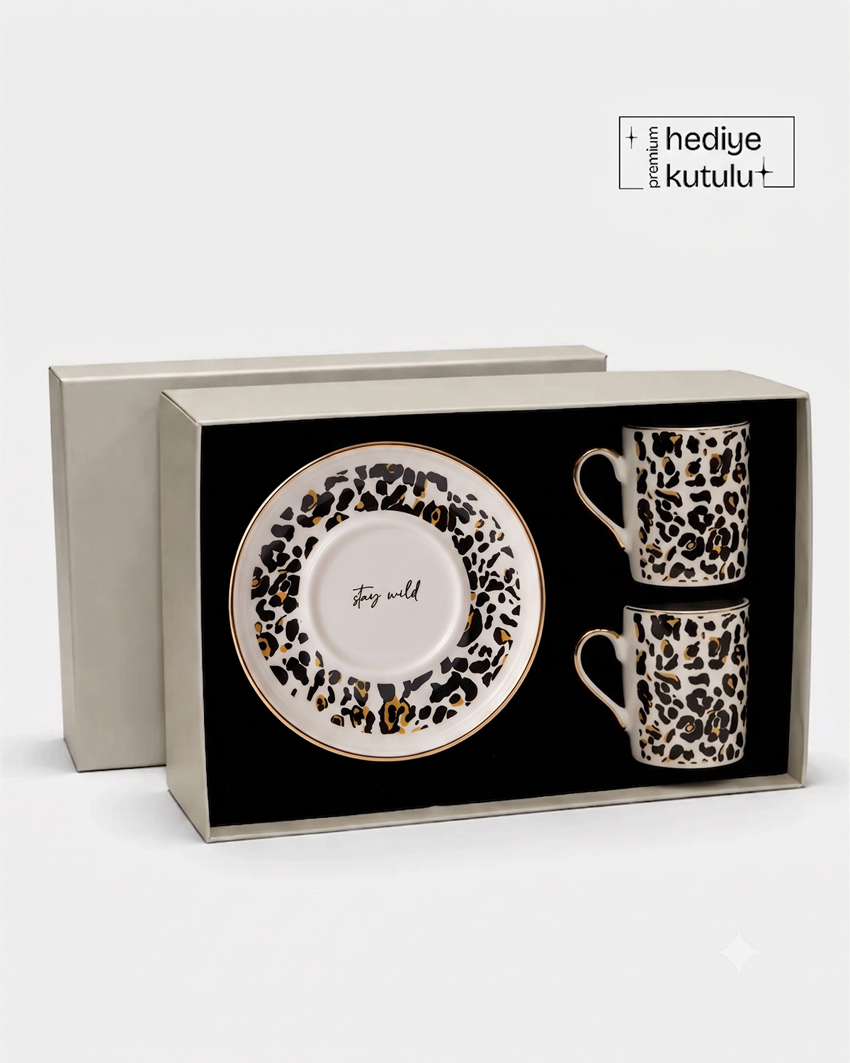 Leopard Luxe Gerçek Altın Yaldızlı Leopar Desenli 4 Parça 2 Kişilik Porselen Kahve Fincan Takımı 100 Ml