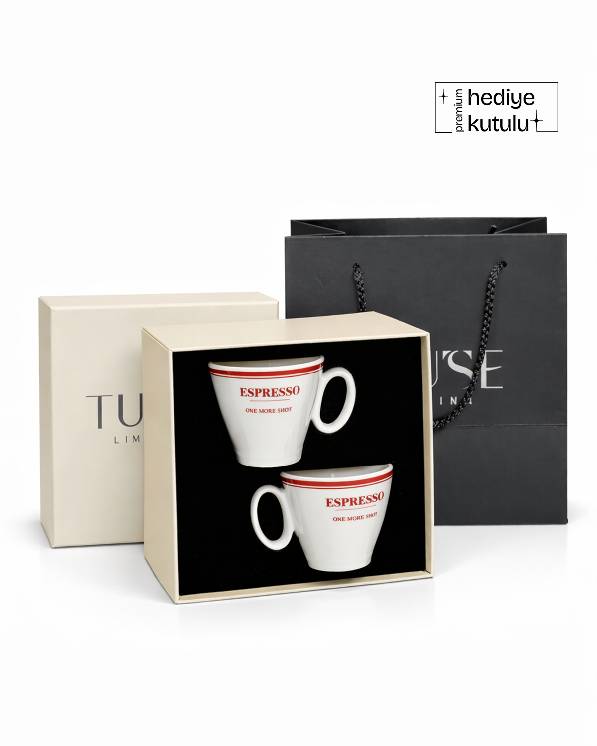 One More Shot Red Üzeri Yazılı 2' li Porselen Espresso Kahve Fincanı 80 ml - Kırmızı