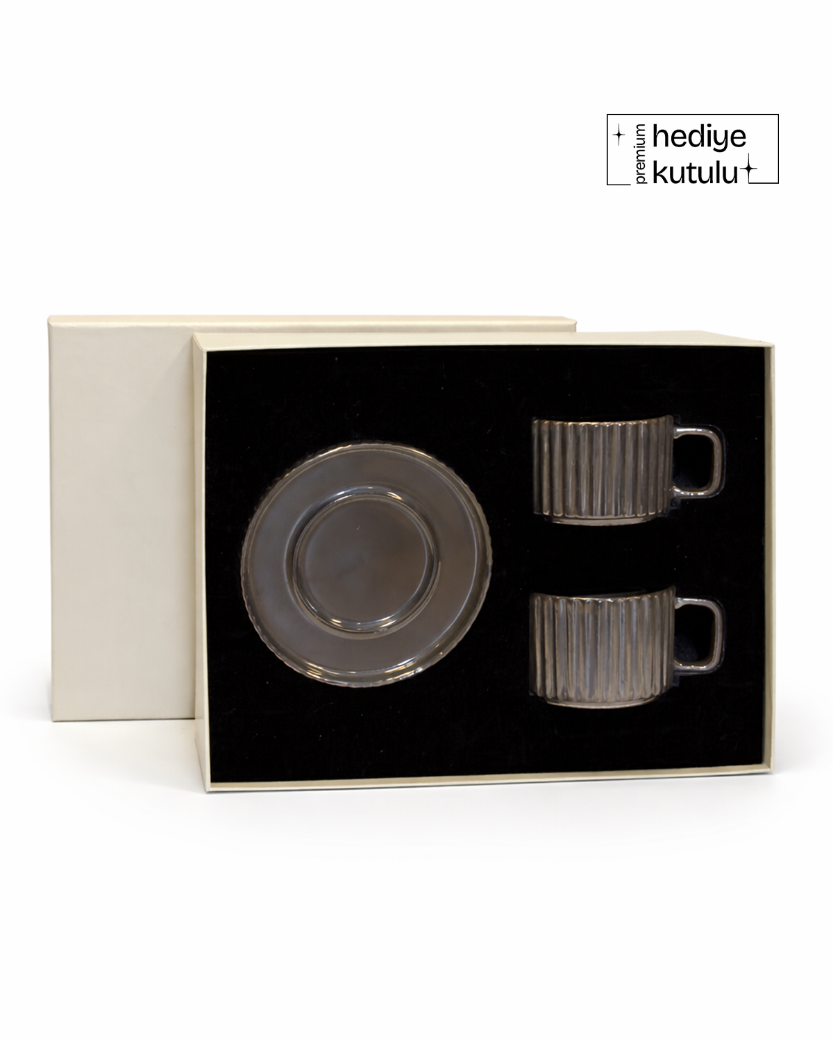 Relief Asortik Desenli 4 Parça 2 Kişilik Porselen Çay Kahve Fincan Takımı 220 ml - Kahverengi