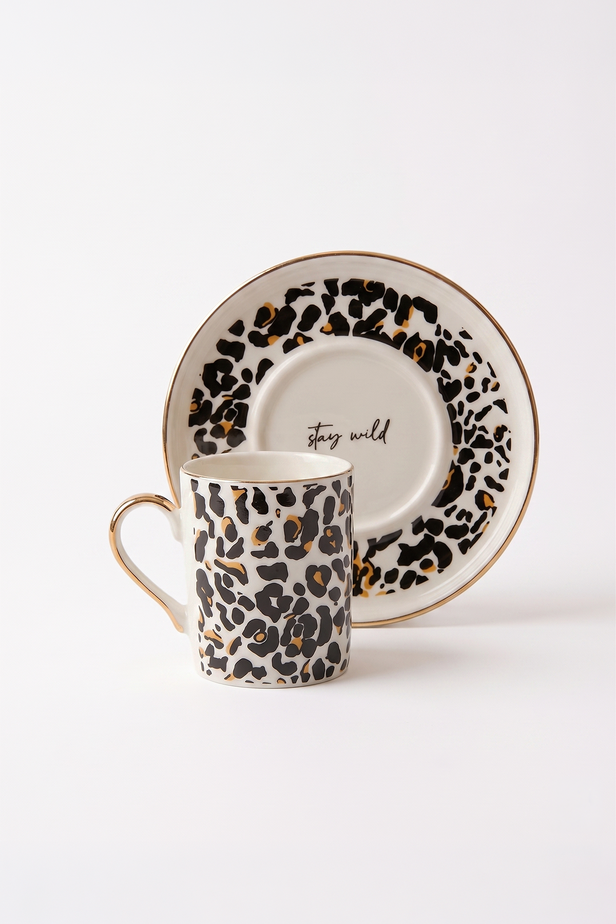Leopard Luxe Gerçek Altın Yaldızlı Leopar Desenli 4 Parça 2 Kişilik Porselen Kahve Fincan Takımı 100 Ml