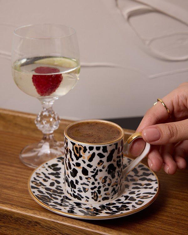 Leopard Luxe Gerçek Altın Yaldızlı Leopar Desenli 4 Parça 2 Kişilik Porselen Kahve Fincan Takımı 90 ml