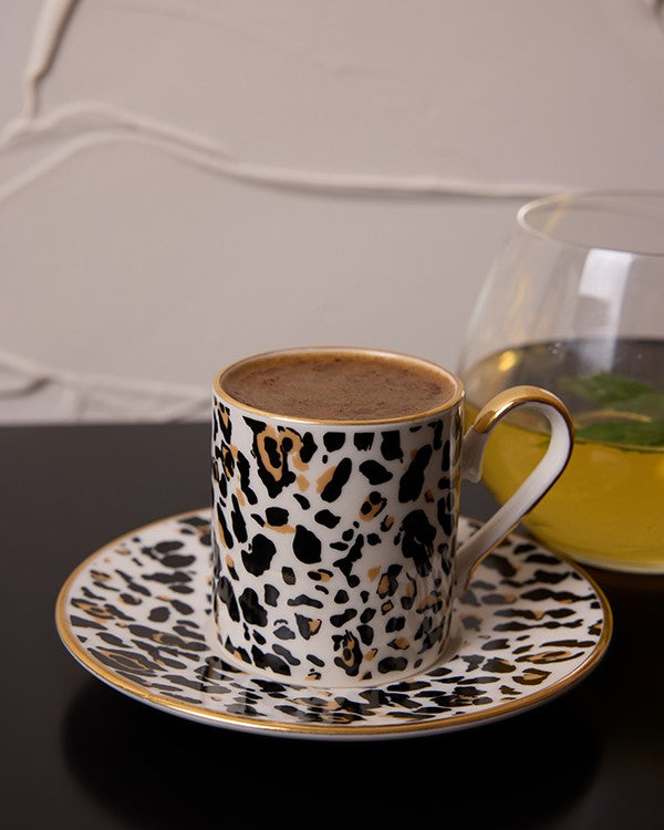Leopard Luxe Gerçek Altın Yaldızlı Leopar Desenli 4 Parça 2 Kişilik Porselen Kahve Fincan Takımı 90 ml