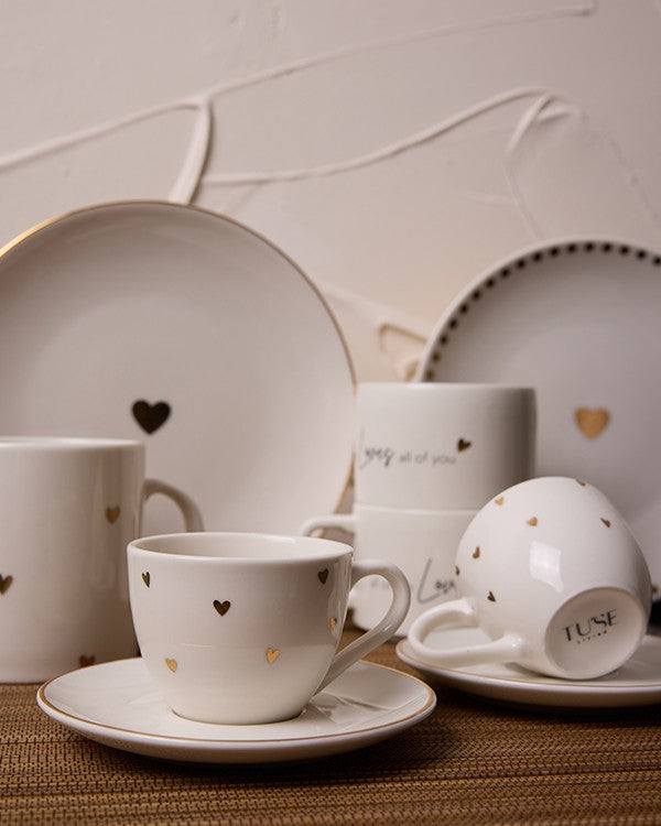 Dotted Hearts Gerçek Altın Yaldızlı Kalpli 4' lü Porselen Pasta Tabağı 20 cm