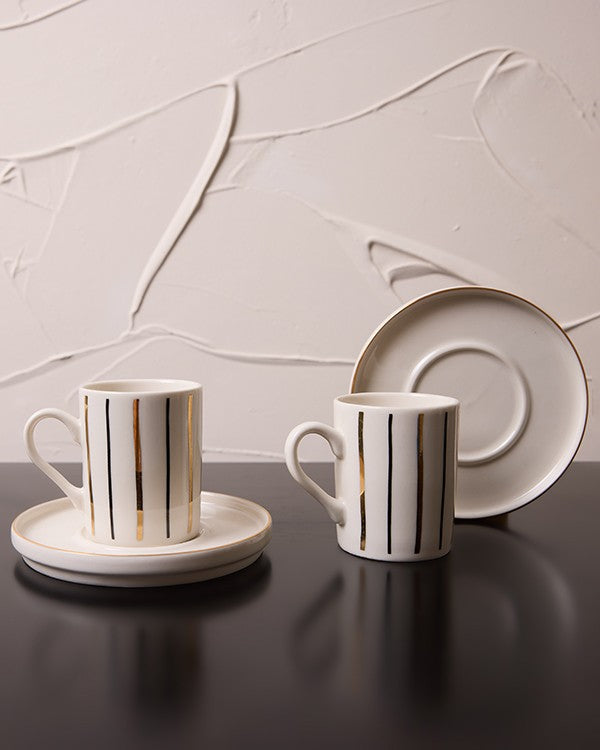 Artline Gold Gerçek Altın Yaldızlı Çizgili 4 Parça 2 Kişilik Porselen Kahve Fincan Takımı 100 ml