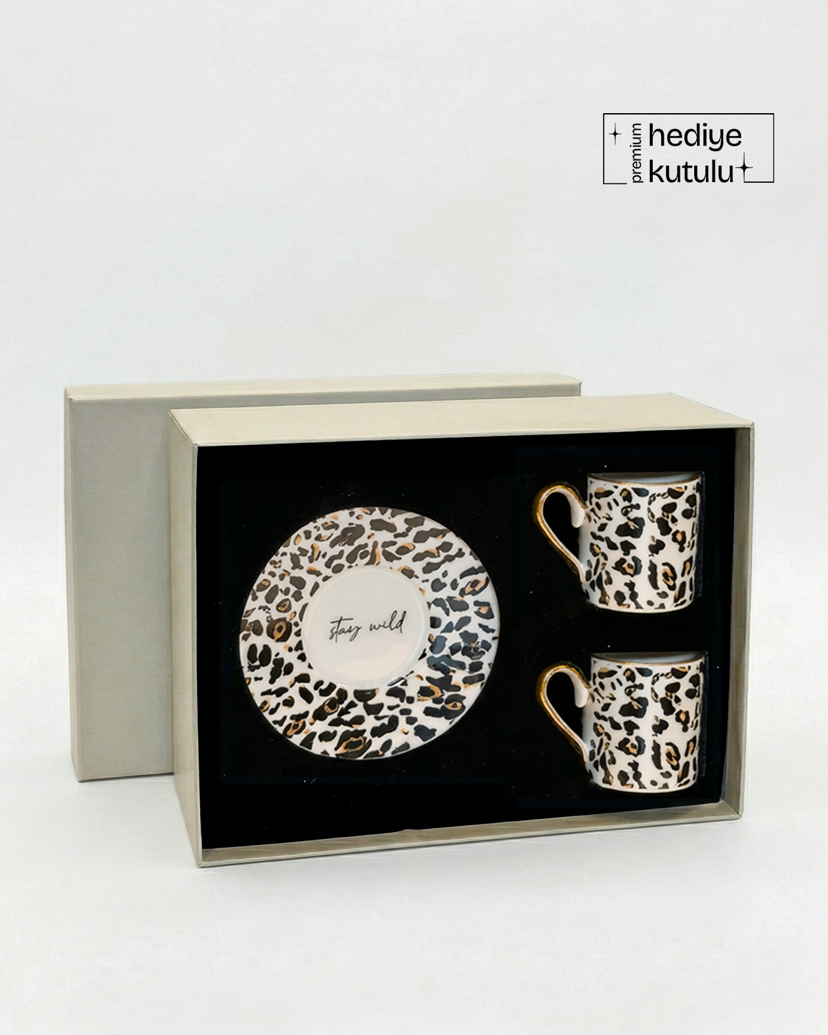Leopard Luxe Gerçek Altın Yaldızlı Leopar Desenli 4 Parça 2 Kişilik Porselen Kahve Fincan Takımı 90 ml