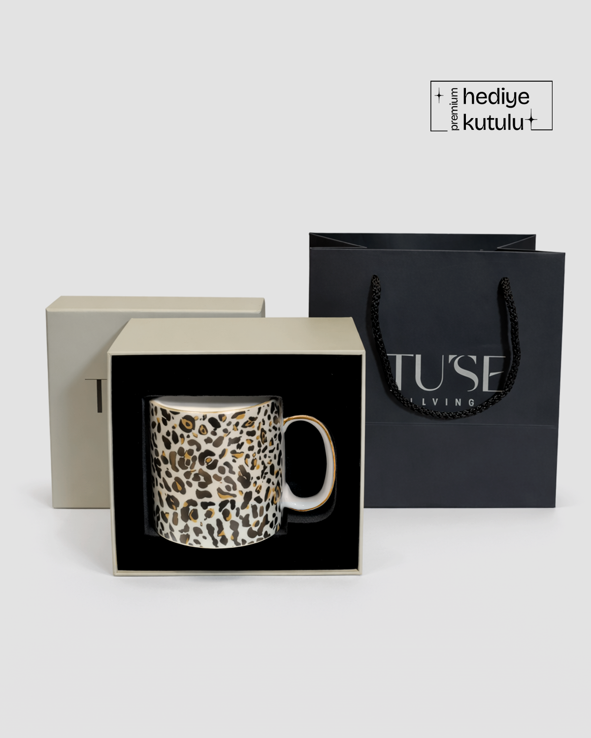 Leopard Luxe Gerçek Altın Yaldızlı Leopar Desenli Porselen Kupa 340 ml