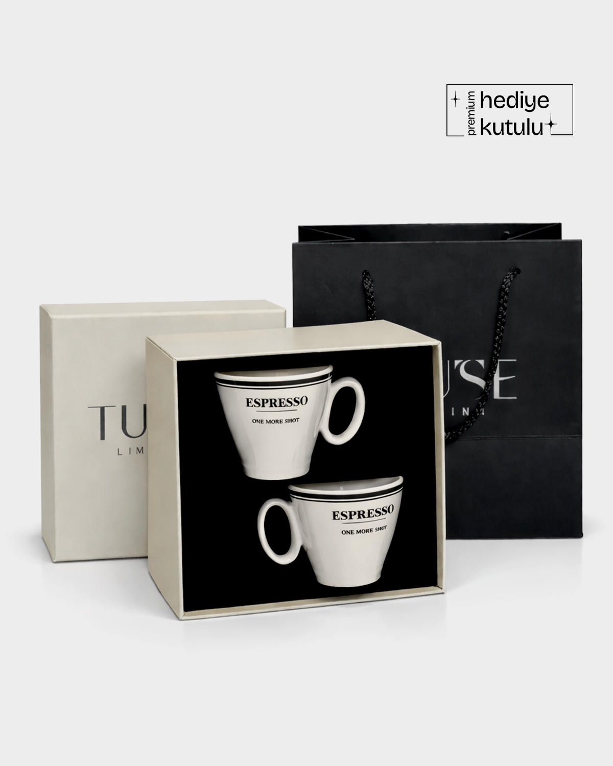 One More Shot Black Üzeri Yazılı 2' li Porselen Espresso Kahve Fincanı 80 ml - Siyah