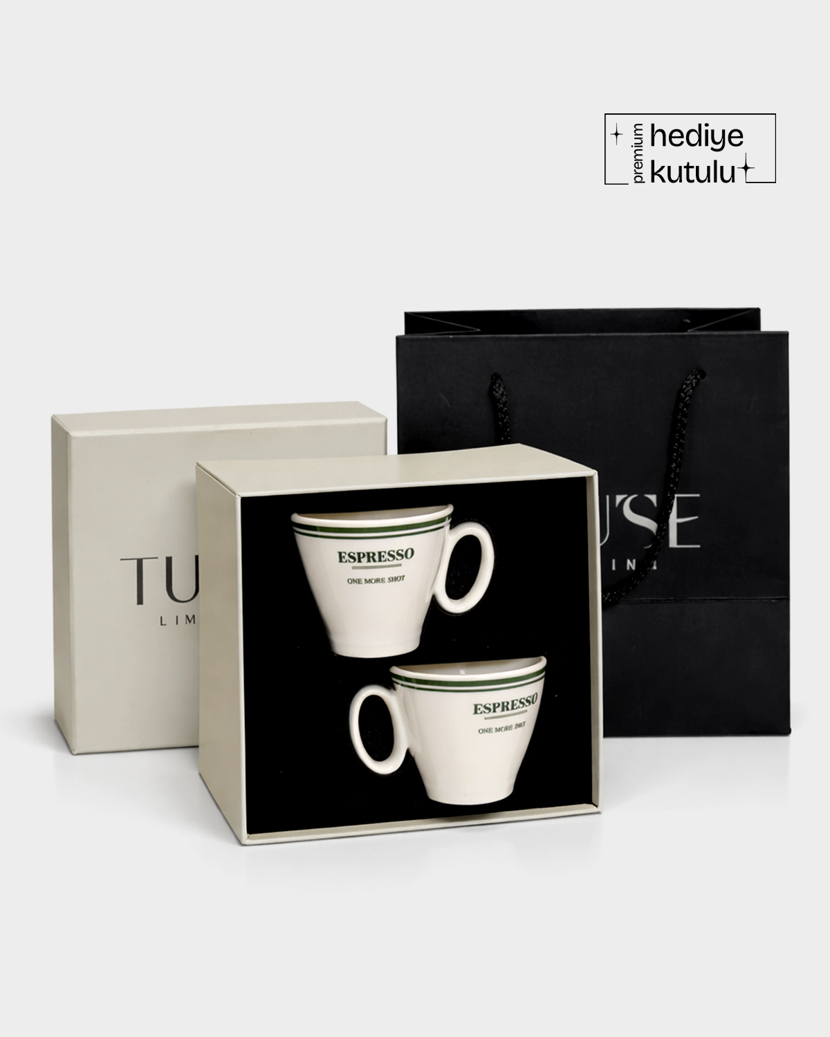 One More Shot Green Üzeri Yazılı 2 Parça Porselen Espresso Kahve Fincanı 80 ml - Yeşil