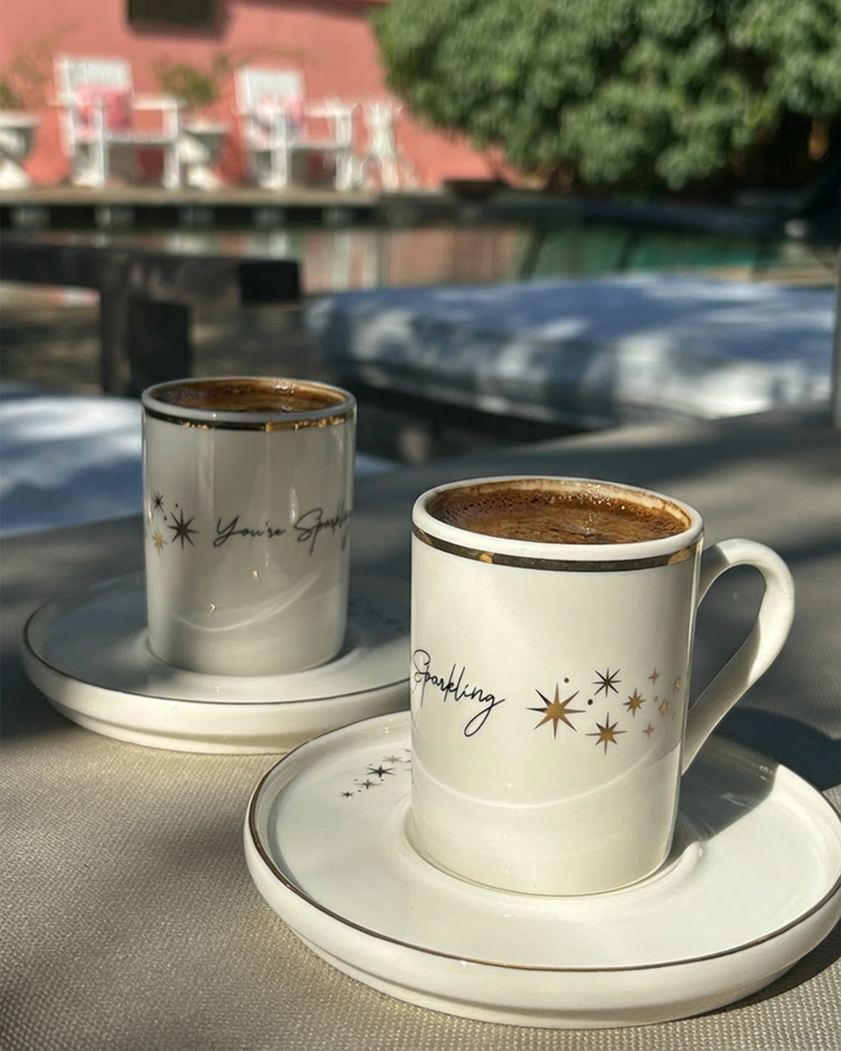 Sparkle Gerçek Altın Yaldızlı Yıldız Desenli Yazılı 4 Parça 2 Kişilik Porselen Kahve Fincan Takımı 100 ml